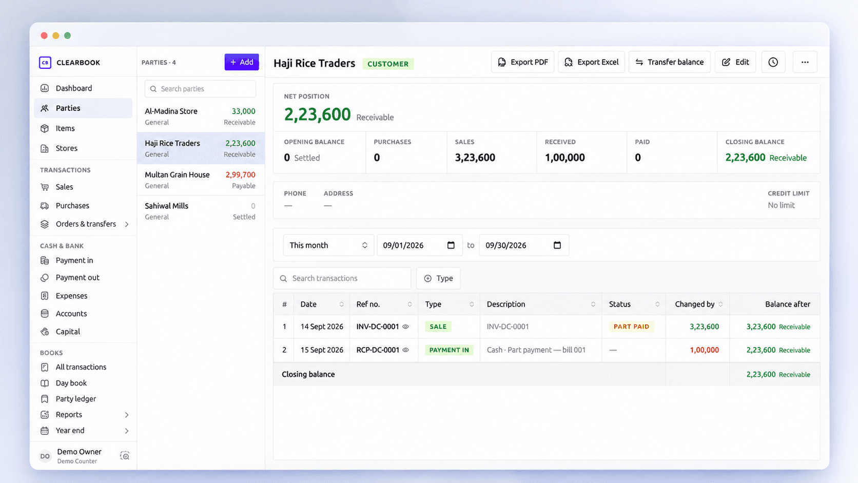 Party ledger for a customer with running balance and payment history