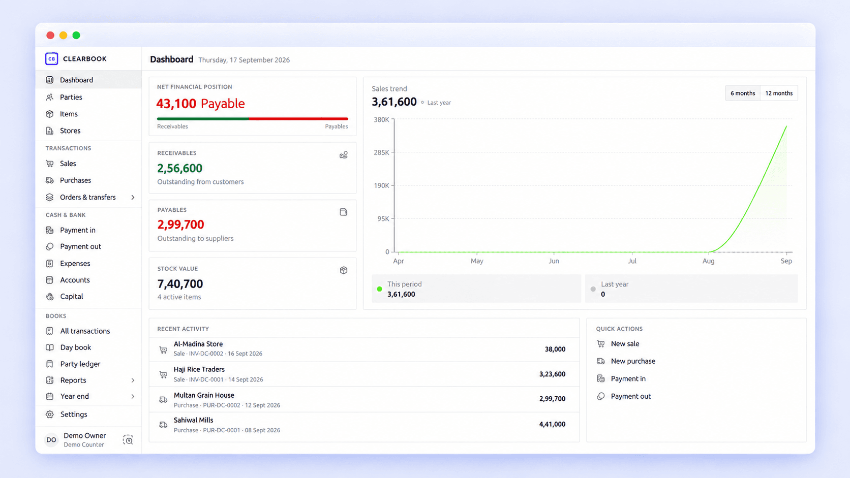 ClearBook dashboard with receivables, payables, stock and recent activity
