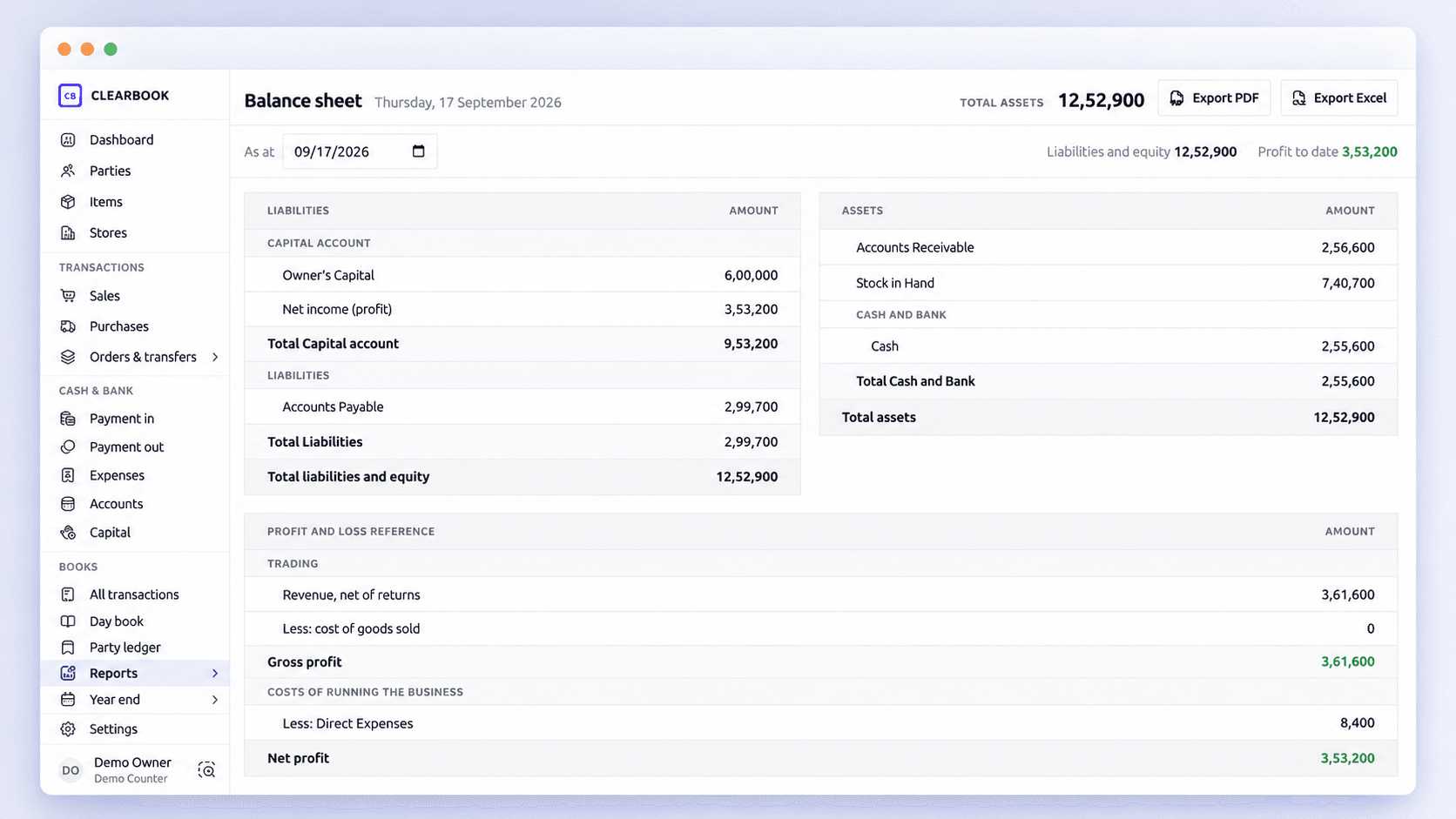 Balance sheet with capital, liabilities, assets and net profit
